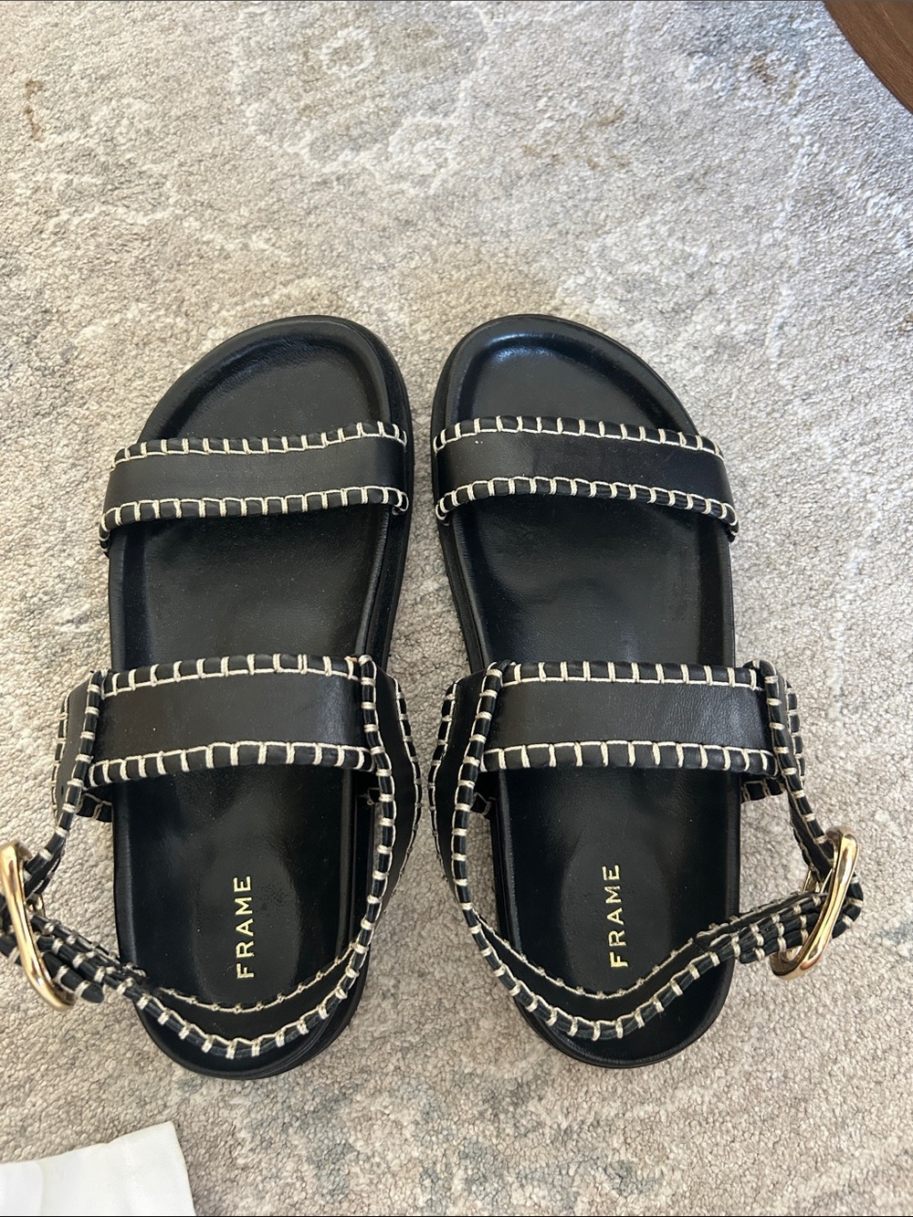 Frame Denim Black Leather Whipstitch Strap Sandals